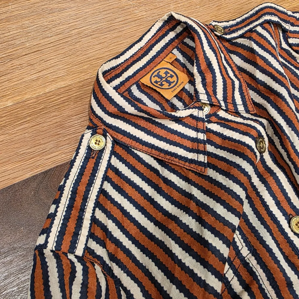 Tory Burch Button Down Dress Shirt Long Sleeve Stripe Blue Cream Orange Size 6 - Picture 8 of 11